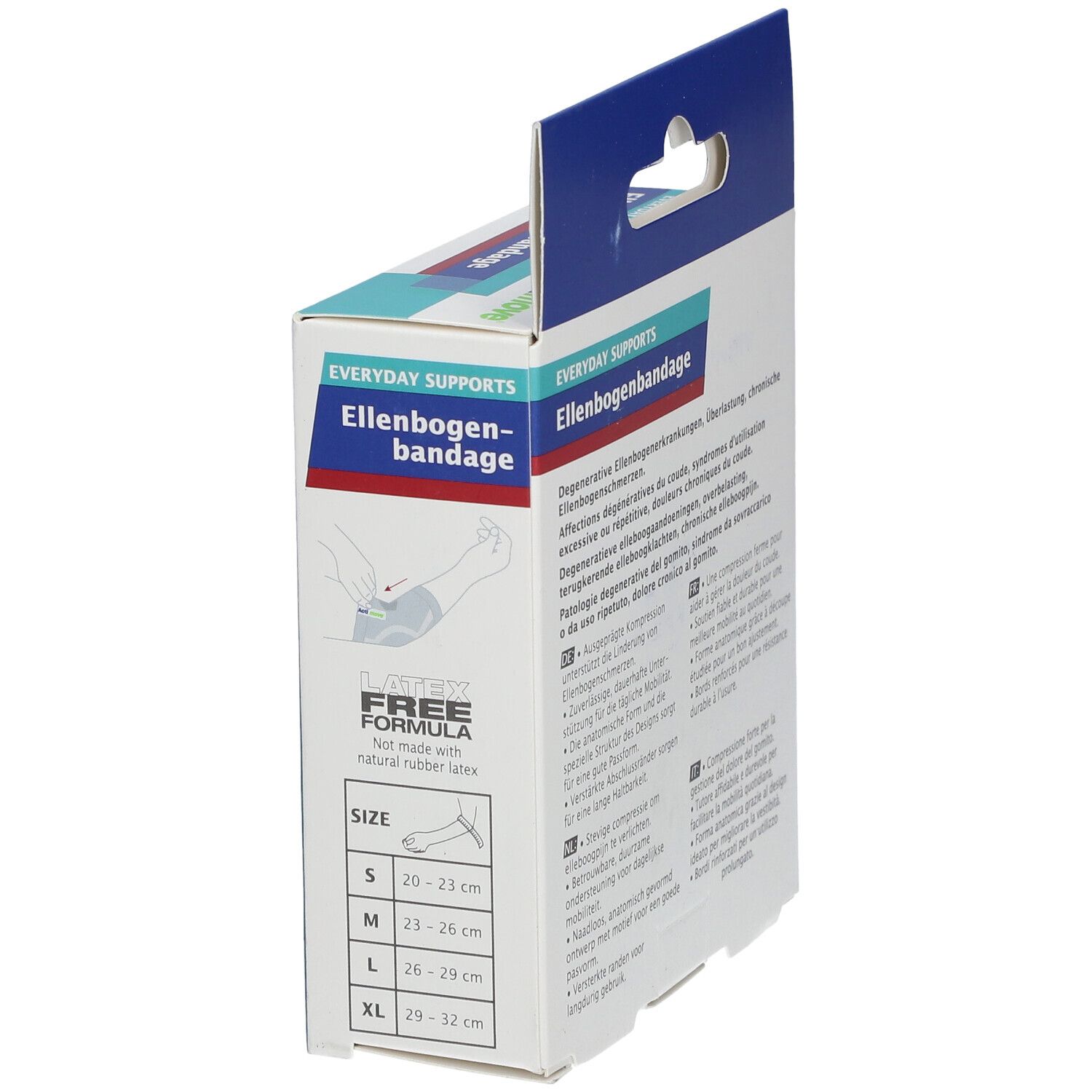 Verpakking van de Actimove elleboogbandage. Maatindicaties S-XL. Productillustratie.