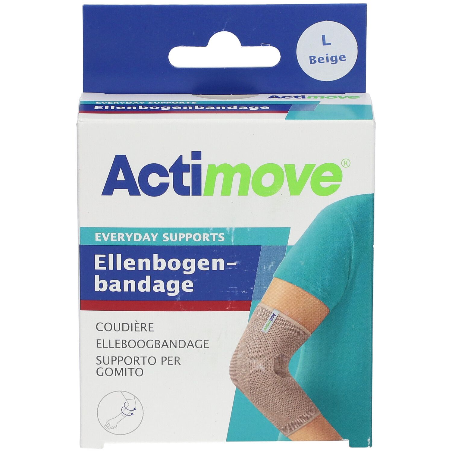 Actimove elleboogbandage in verpakking. Maat L, beige. Productafbeelding toont arm met bandage.