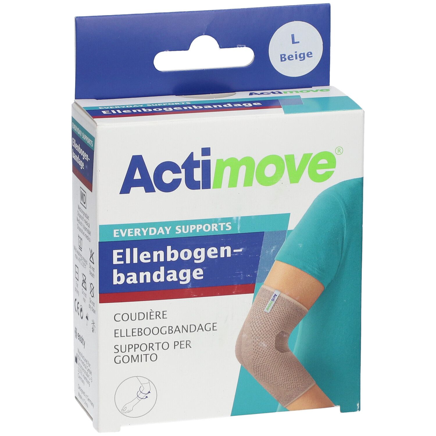 Actimove elleboogbandage in verpakking. Maat L, beige. Productafbeelding toont arm met bandage.