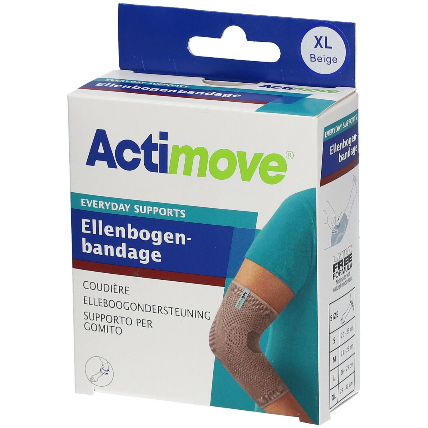 Actimove elleboogbandage XL verpakking. Beige. Afbeelding van arm met bandage. Opschrift: Everyday Supports, Ellenbogenbandage.
