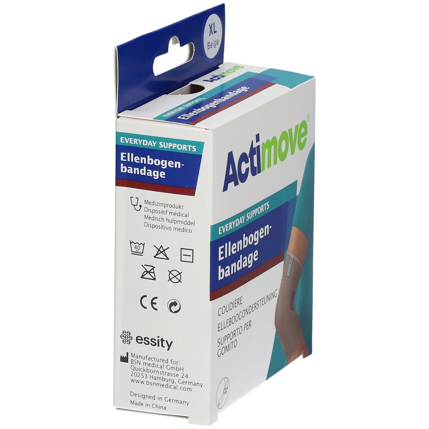 Actimove elleboogbandage verpakking, XL, beige. Zijaanzicht. Medisch hulpmiddel symbool. Waspictogrammen. CE-markering.