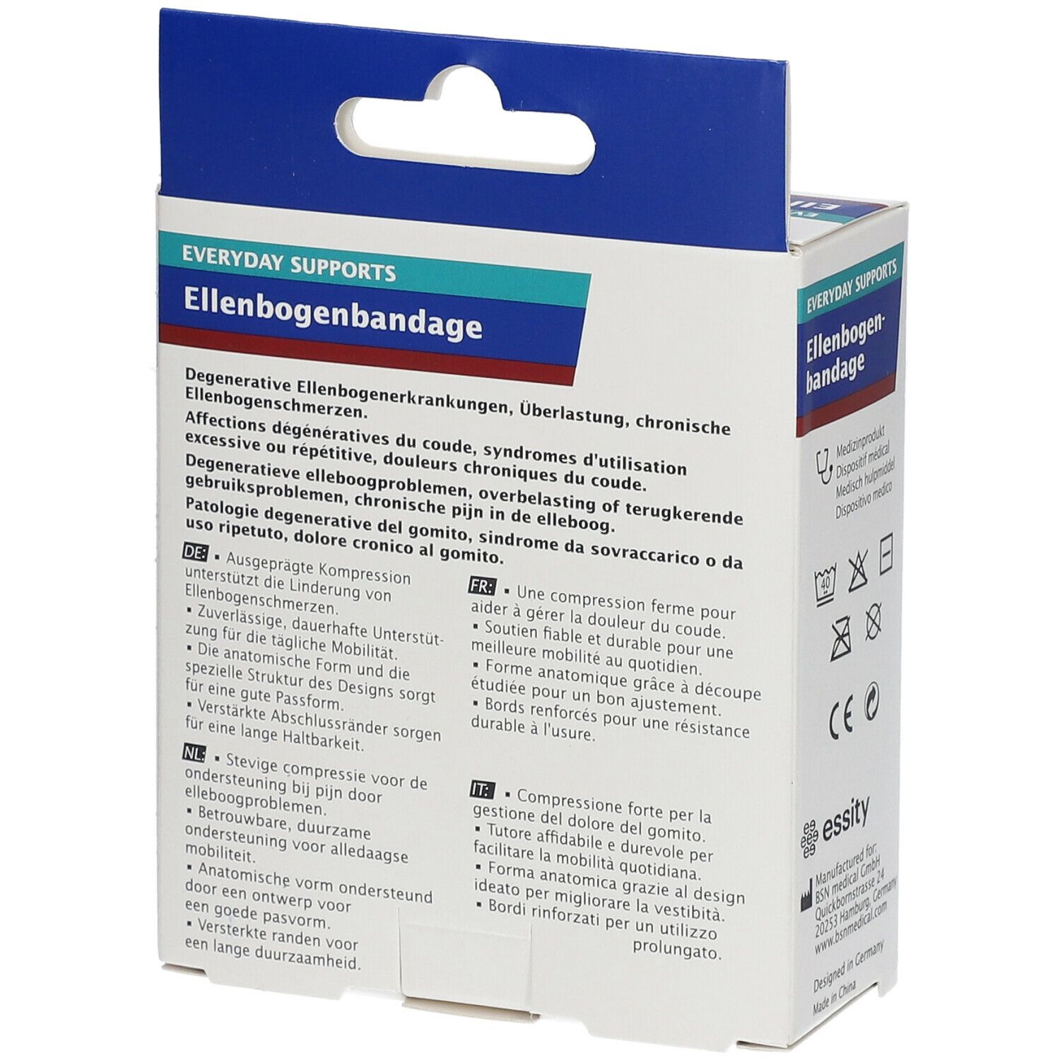 Achterkant van de Actimove elleboogbandage verpakking. Tekst in het Duits, Frans, Italiaans en Nederlands. Productinformatie.