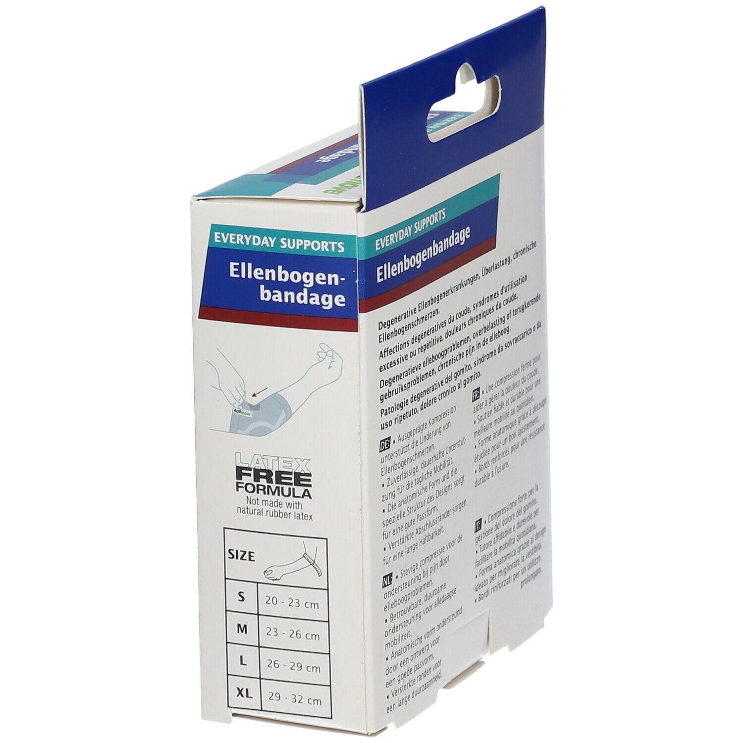 Actimove elleboogbandage verpakking. Maatindicaties: S, M, L, XL. Latexvrij. Productafbeelding met arm.