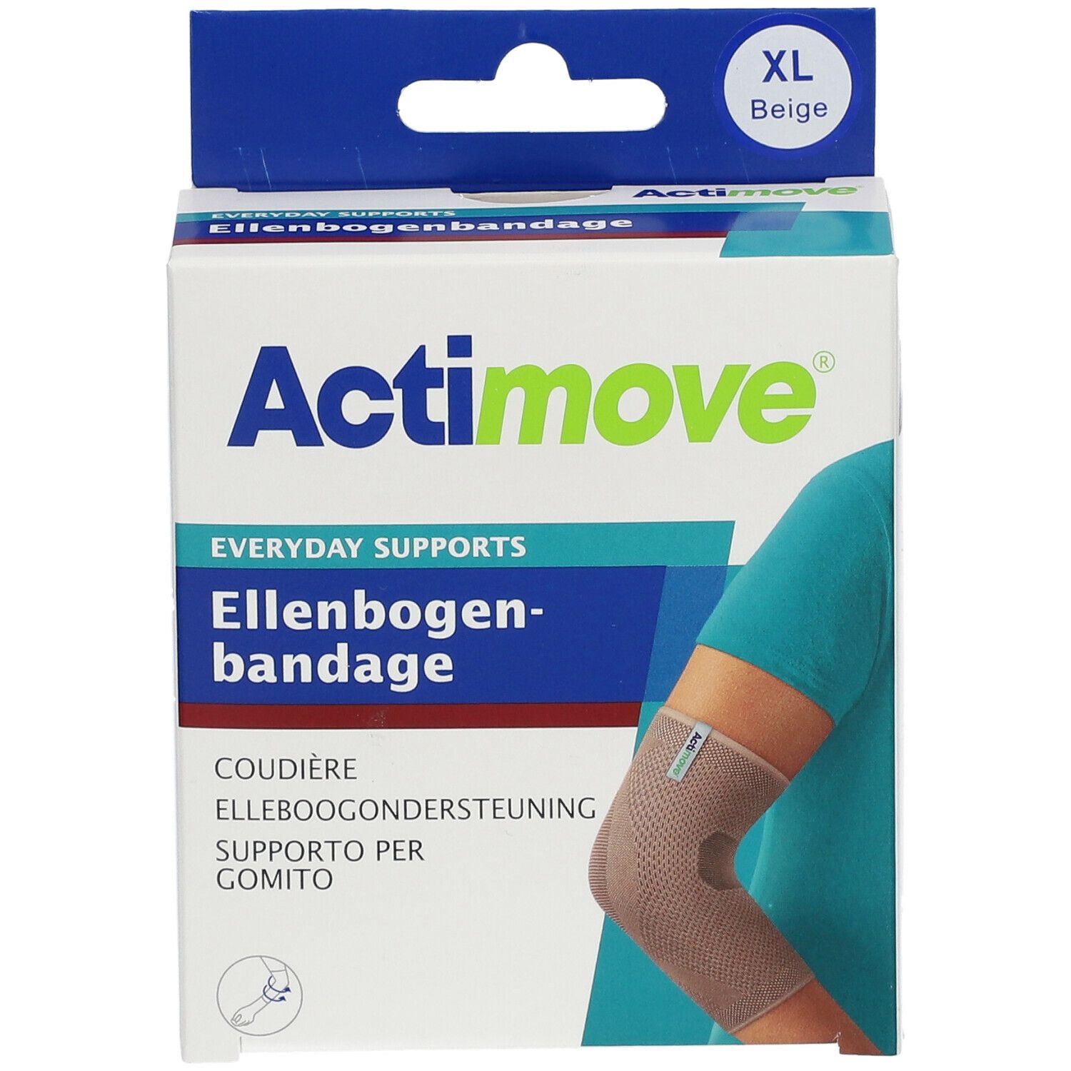 Actimove elleboogbandage XL verpakking. Beige. Afbeelding van arm met bandage. Opschrift: Everyday Supports, Ellenbogenbandage.