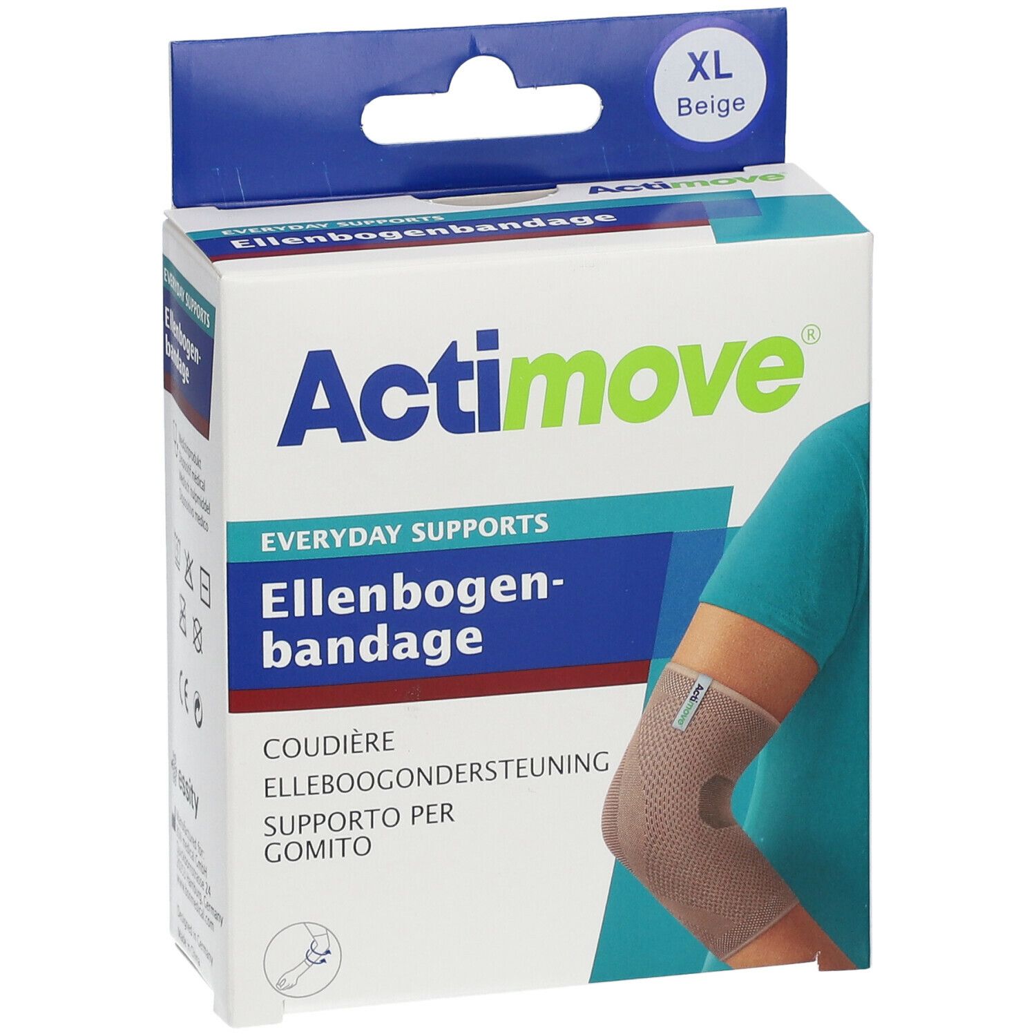 Actimove elleboogbandage XL verpakking. Beige. Afbeelding van arm met bandage. Opschrift: Everyday Supports, Ellenbogenbandage.
