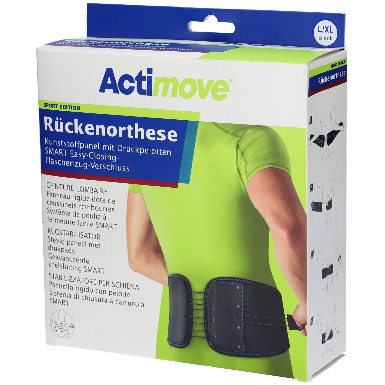 Actimove orthèse dorsale dans son emballage. L/XL, noir. Inscription : Sport Edition, panneau plastique avec coussinets, fermeture SMART.