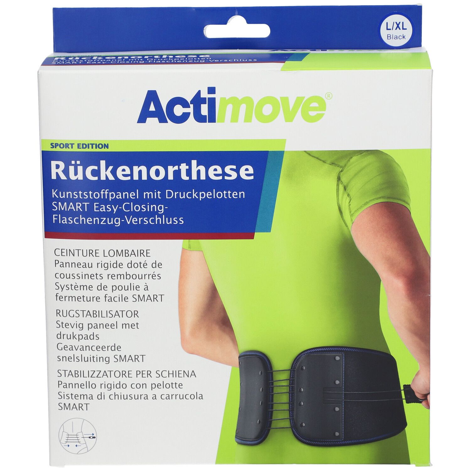 Actimove orthèse dorsale dans son emballage. L/XL, noir. Inscription : Sport Edition, panneau plastique avec coussinets, fermeture SMART.