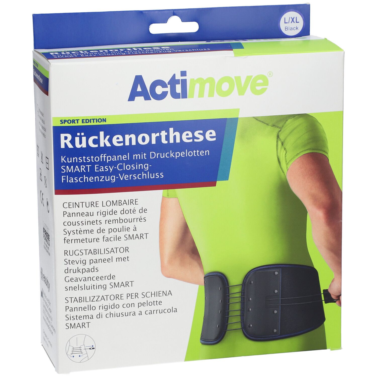 Actimove orthèse dorsale dans son emballage. L/XL, noir. Inscription : Sport Edition, panneau plastique avec coussinets, fermeture SMART.