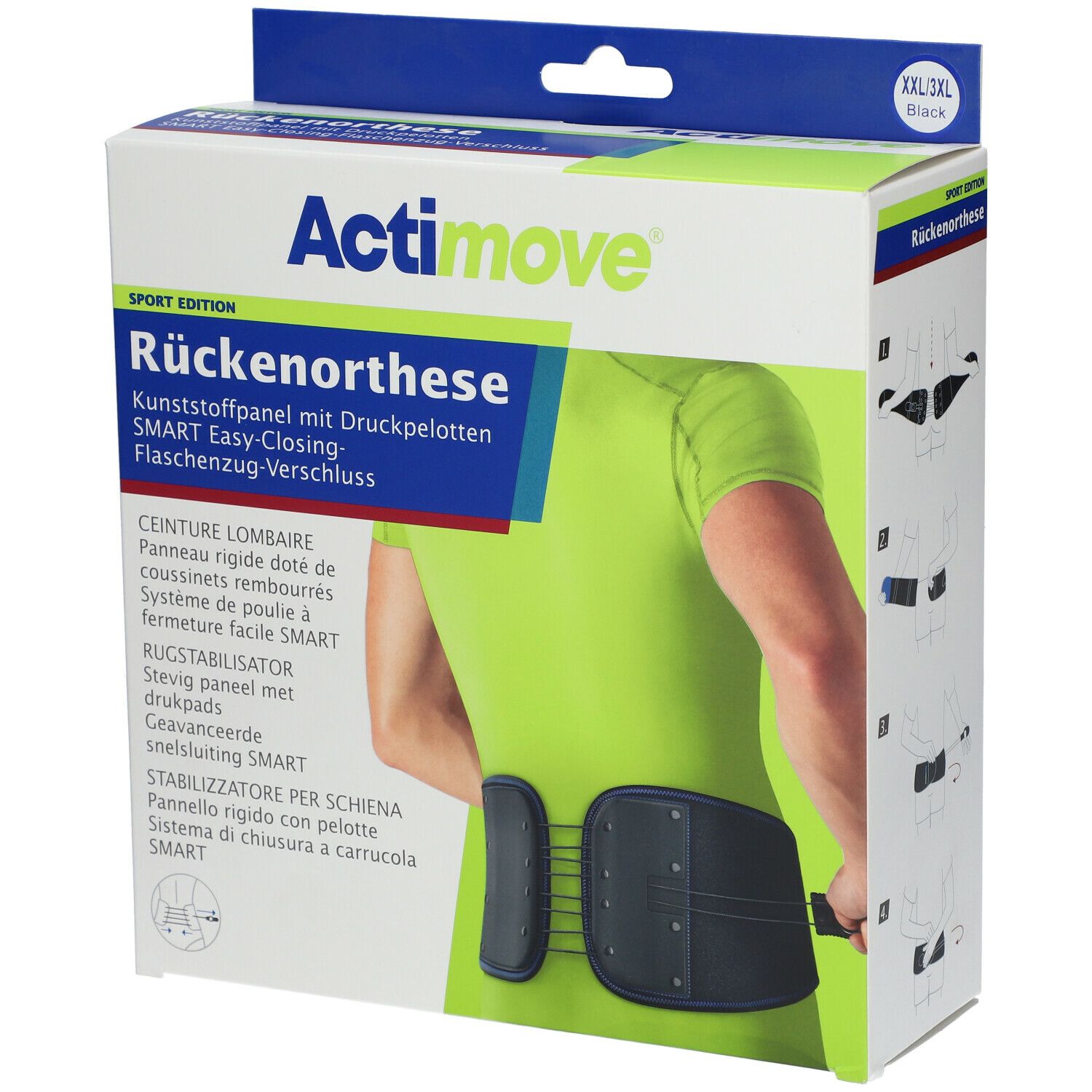 Verpakking Actimove Sport Rückenorthese. Zwarte rugsteun met kussentjes. XXL/XXXL.
