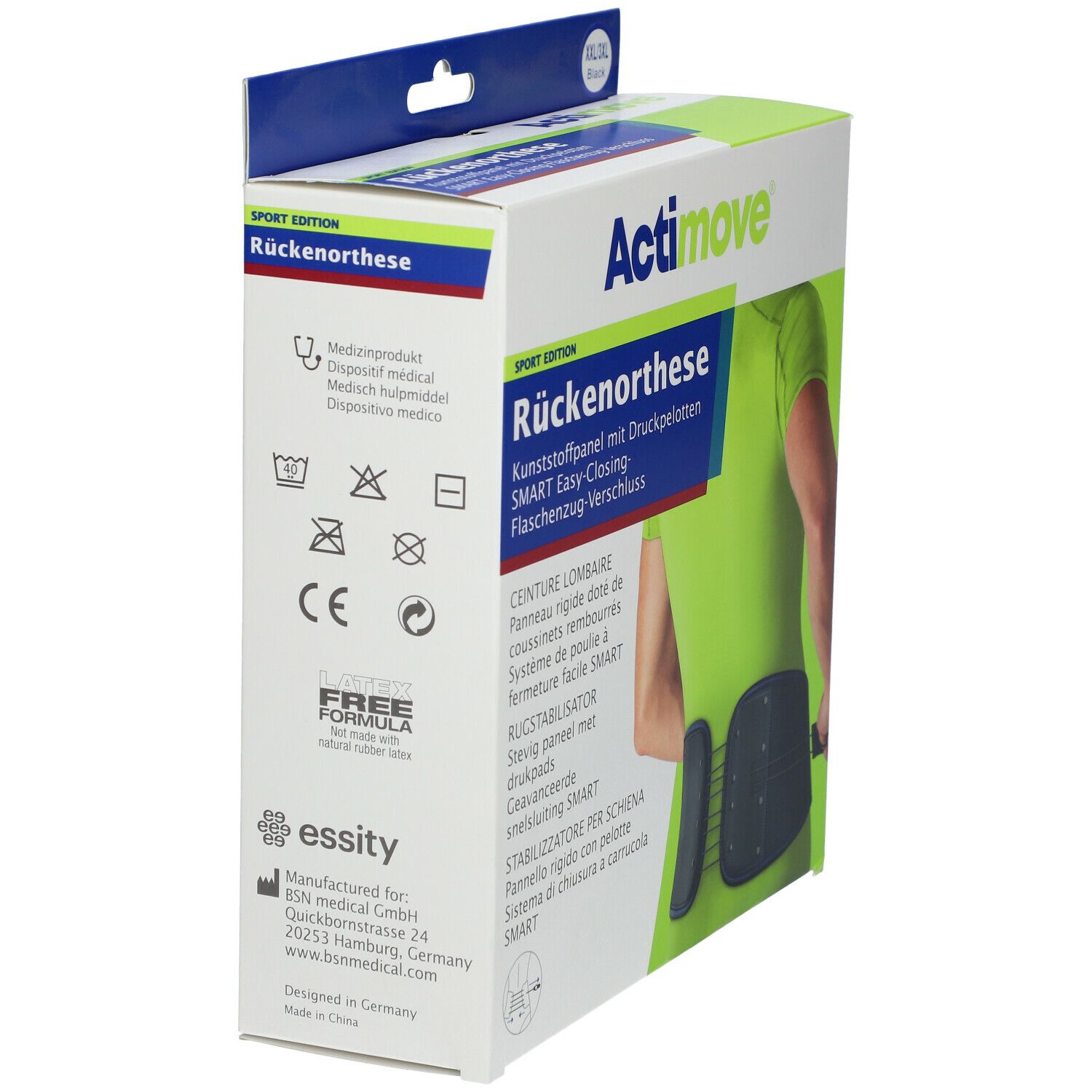 Verpakking Actimove Sport Rückenorthese. Achterkant met productinfo en certificeringen.