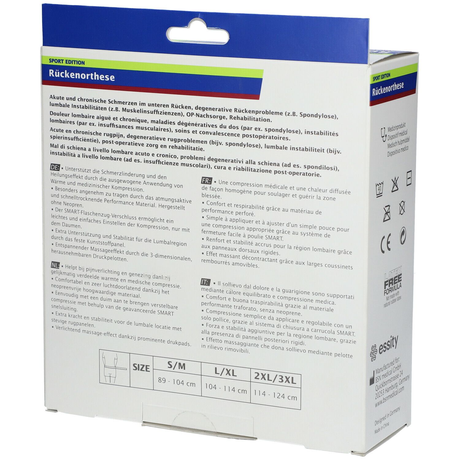 Verpakking Actimove Sport Rückenorthese. Achterkant met productinfo en maattabel.