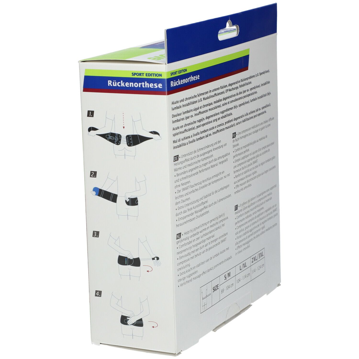 Verpakking Actimove Sport Rückenorthese. Illustraties voor het gebruik van het product.