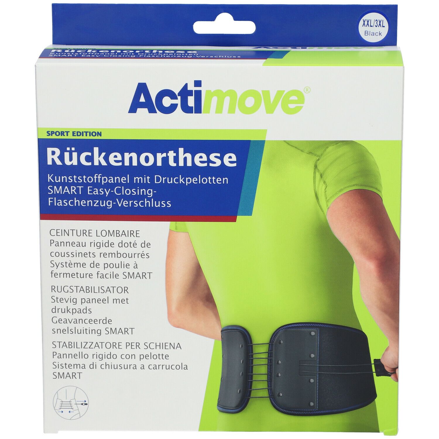 Verpakking Actimove Sport Rückenorthese. Zwarte rugsteun met kussentjes. XXL/XXXL.