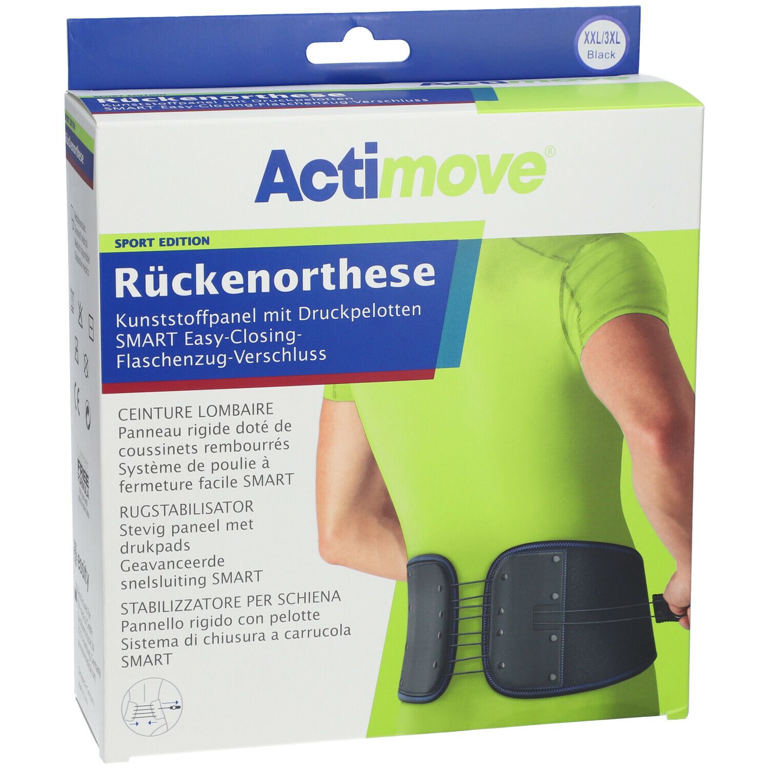 Verpakking Actimove Sport Rückenorthese. Zwarte rugsteun met kussentjes. XXL/XXXL.