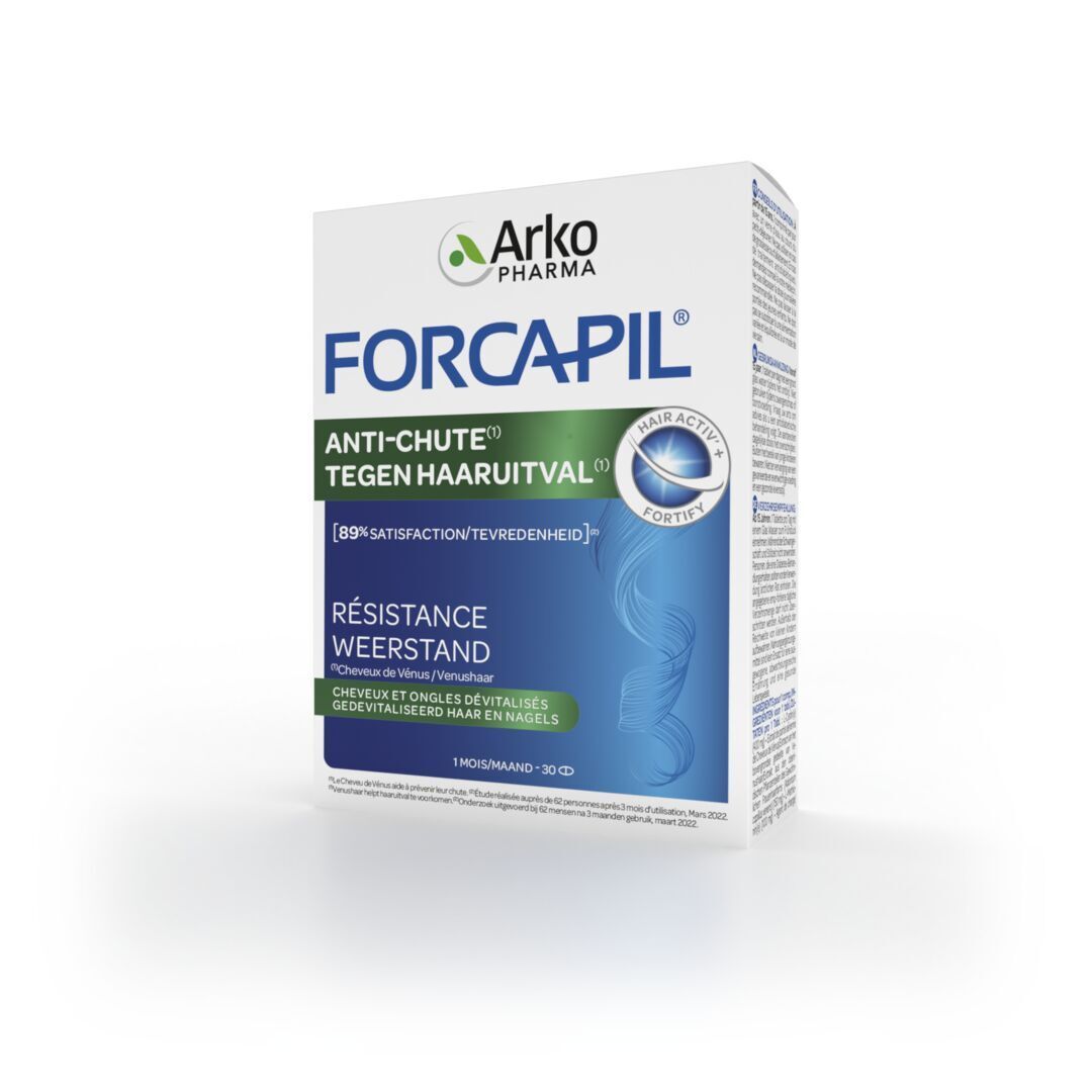 Boîte Forcapil Anti-Chute, texte : Chute de cheveux, Résistance, 30 comprimés. Marque Arko Pharma.