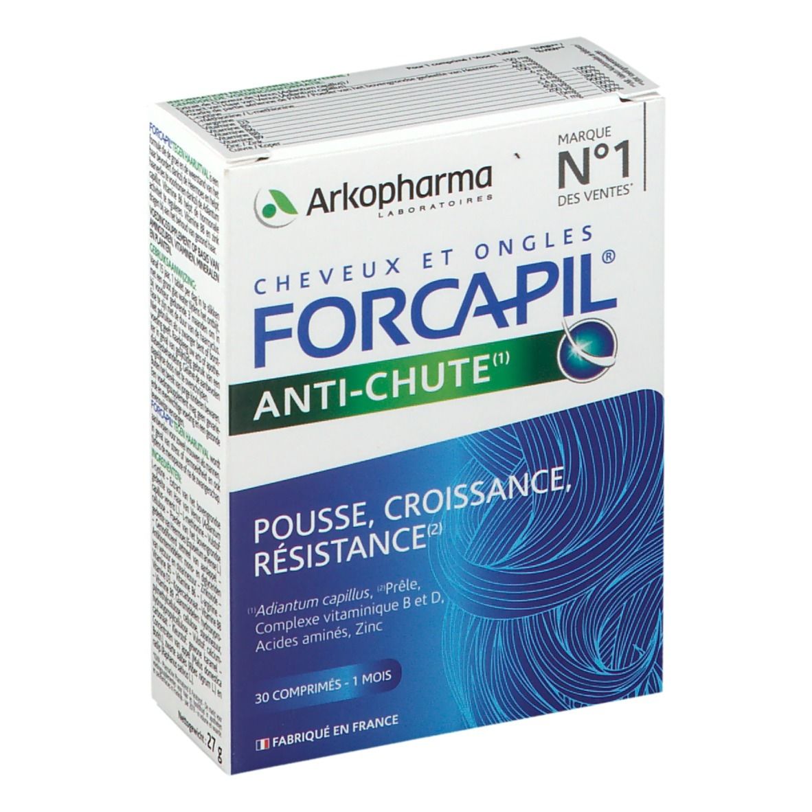 Boîte de Forcapil Anti-Chute. Inscription : Cheveux et Ongles, 30 comprimés, Pousse, Croissance, Résistance. Marque N°1 des ventes.