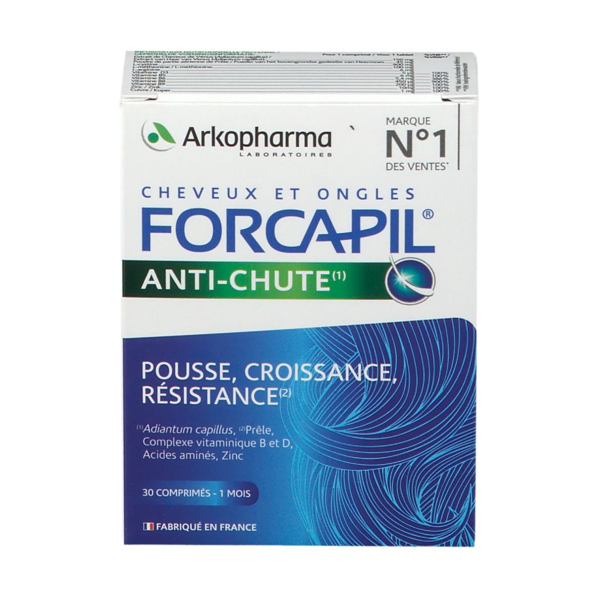 Boîte de Forcapil Anti-Chute. Inscription : Cheveux et Ongles, 30 comprimés, Pousse, Croissance, Résistance. Marque N°1 des ventes.