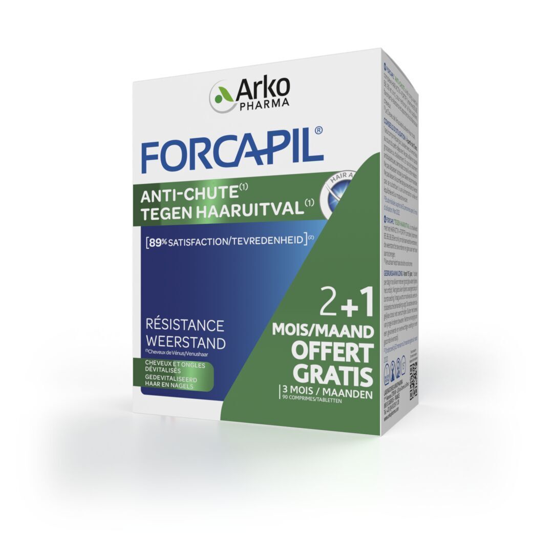 Forcapil verpakking met tekst. Opschrift: 2+1 maanden gratis. Merk: Arko Pharma. Tegen haaruitval. 90 tabletten.