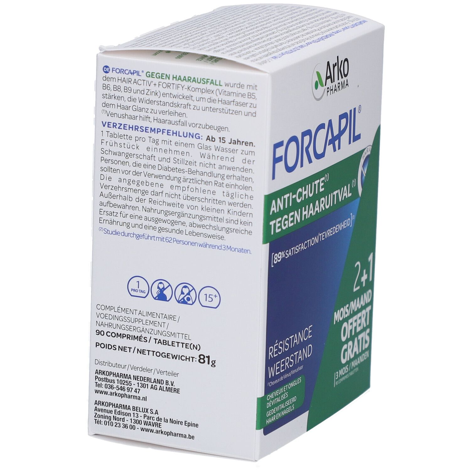 Forcapil verpakking met tekst. Bevat 90 tabletten. Merk: Arko Pharma. Opschrift: 2+1 maanden gratis. Gebruiksdetails.