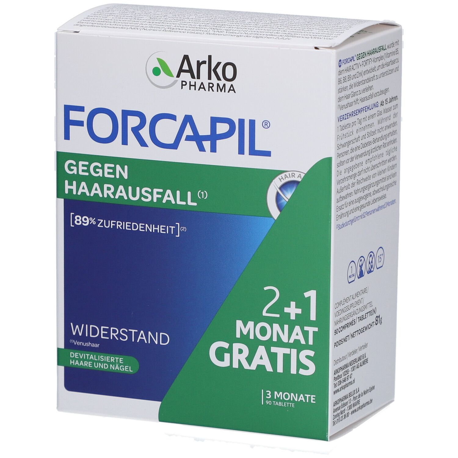 Forcapil verpakking met tekst. Opschrift: 2+1 maanden gratis. Bevat 90 tabletten. Merk: Arko Pharma. Tegen haaruitval.