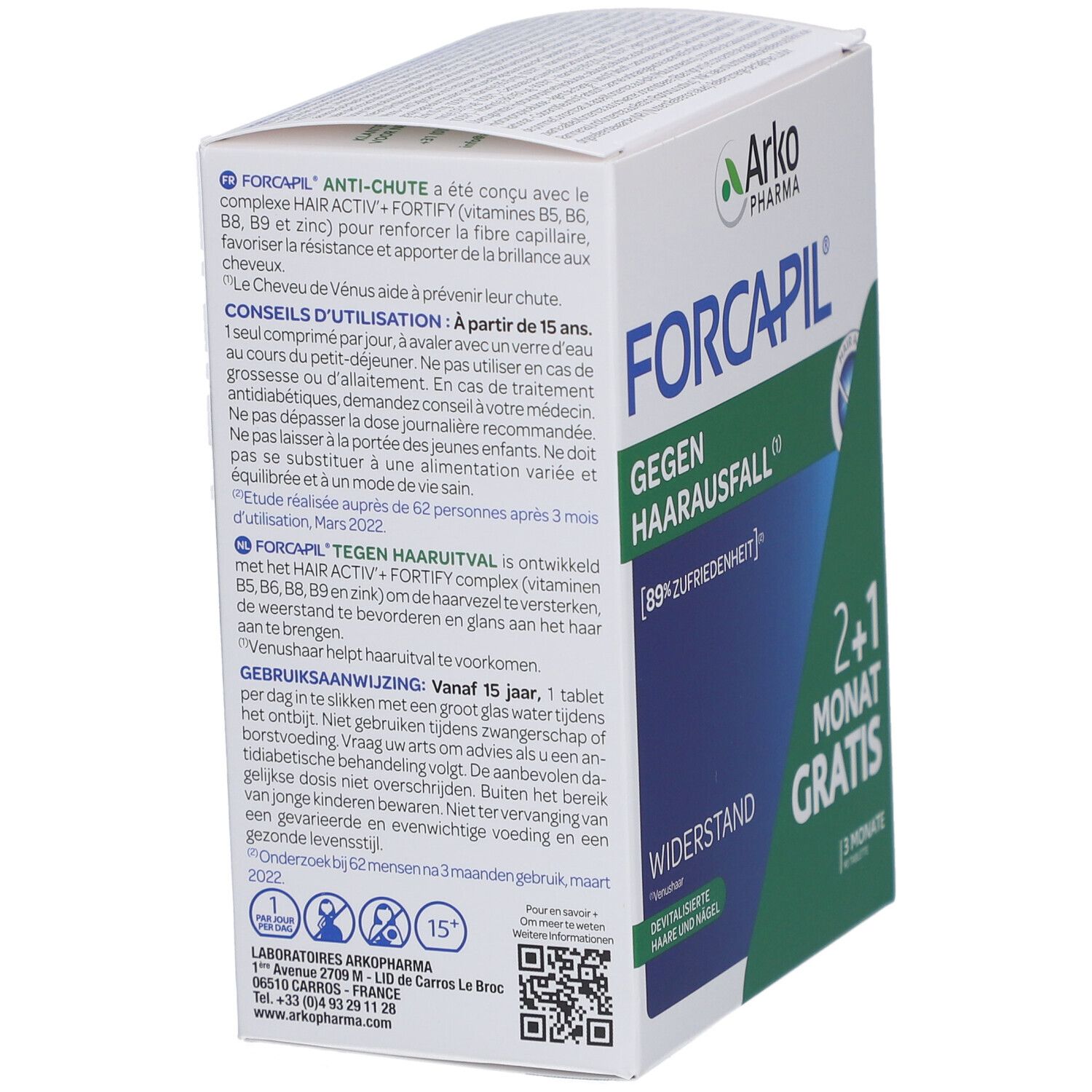 Forcapil verpakking met tekst. Opschrift: 2+1 maanden gratis. Merk: Arko Pharma. Tegen haaruitval. Gebruiksdetails.