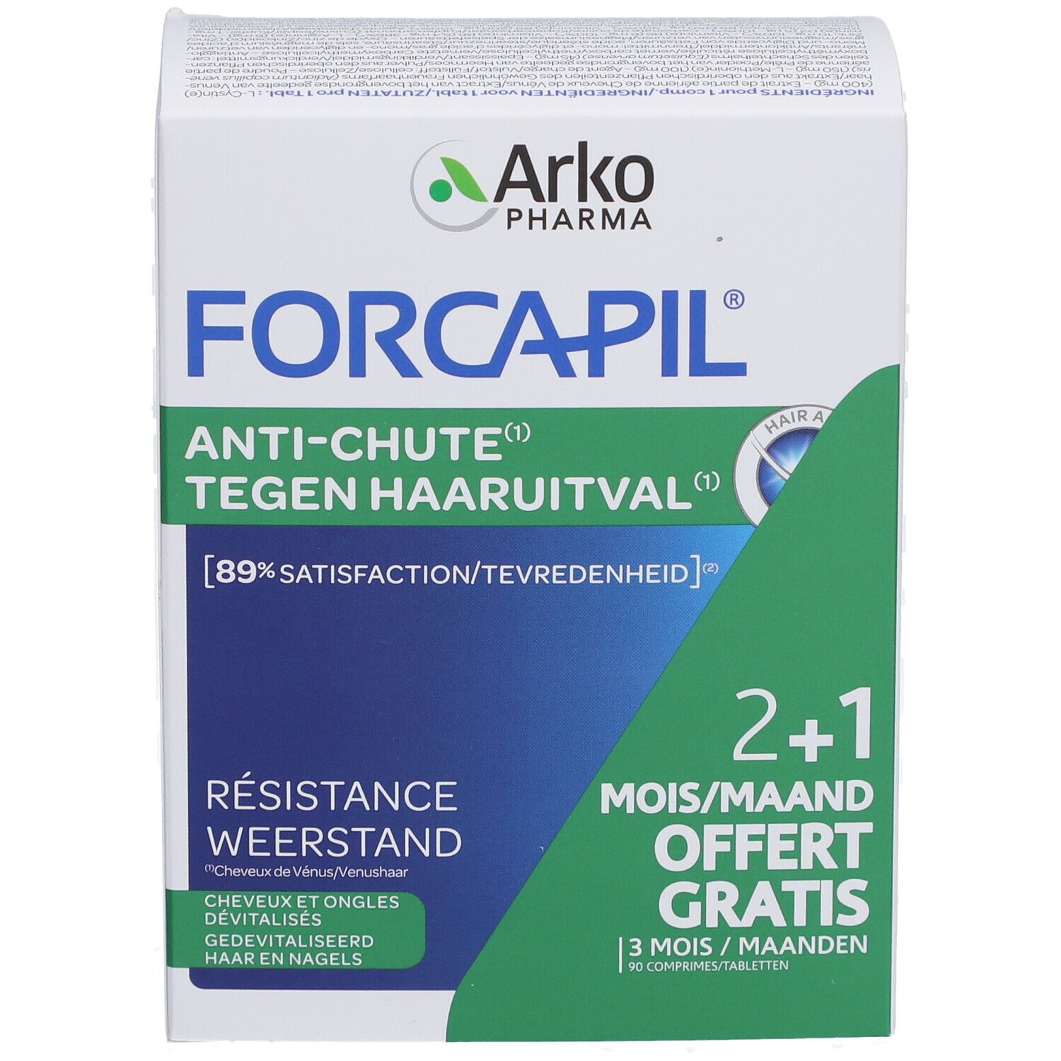 Forcapil verpakking met tekst. Opschrift: 2+1 maanden gratis. Bevat 90 tabletten. Merk: Arko Pharma. Tegen haaruitval.