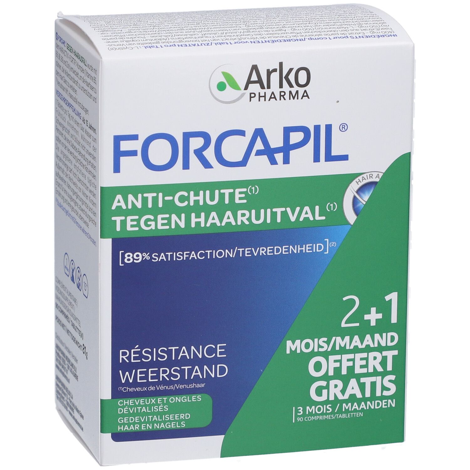 Forcapil verpakking met tekst. Opschrift: 2+1 maanden gratis. Bevat 90 tabletten. Merk: Arko Pharma. Tegen haaruitval.