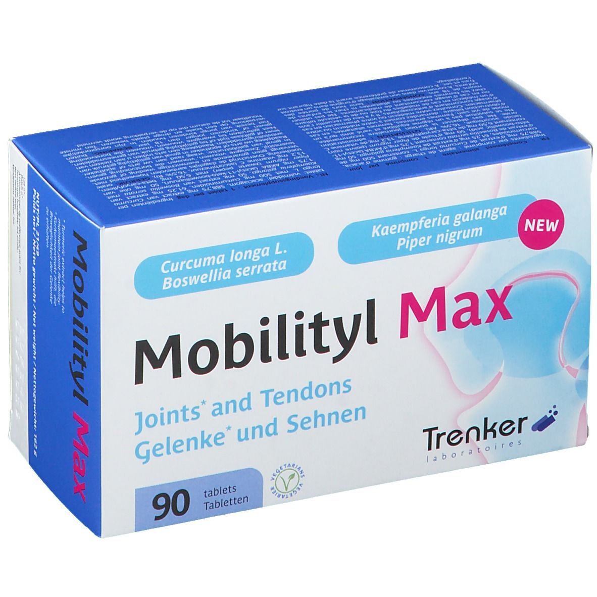 Boîte de Mobilityl Max. Contient 90 comprimés. Inscription: Joints and Tendons, Gelenke und Sehnen. Marque: Trenker.