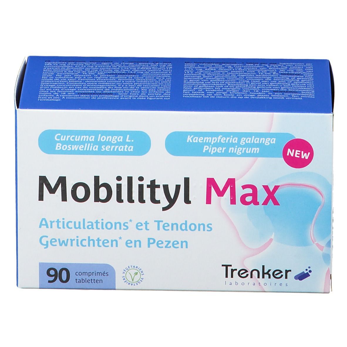Boîte de Mobilityl Max. Contient 90 comprimés. Inscription: Articulations et Tendons, Gewrichten en Pezen. Marque: Trenker.