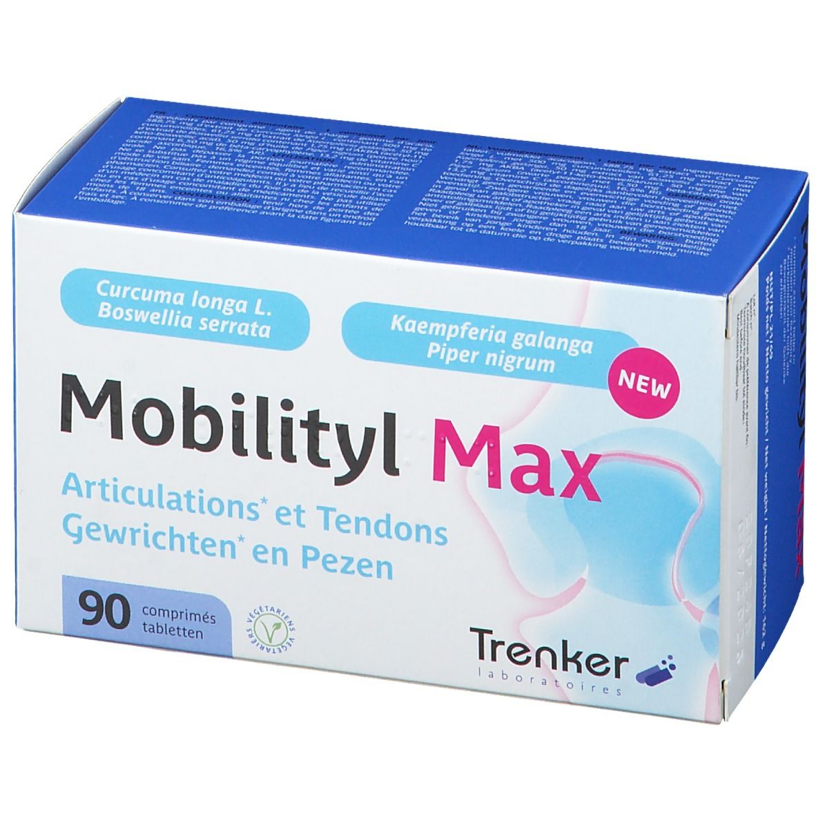 Boîte de Mobilityl Max. Contient 90 comprimés. Inscription: Articulations et Tendons, Gewrichten en Pezen. Marque: Trenker.