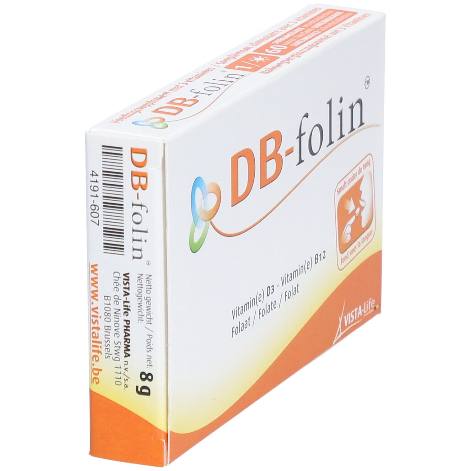 Boîte DB-folin, blanche et orange. Contient 8g. Inscription: Vista-Life Pharma. Code-barres.