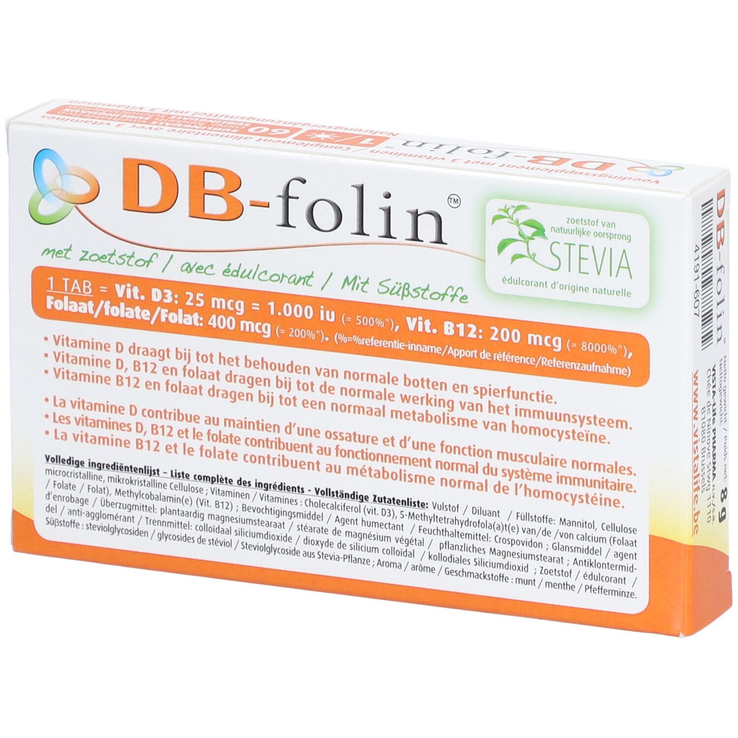 Dos de la boîte DB-folin. Contient des informations sur les ingrédients et les valeurs nutritionnelles. Avec logo Stevia.