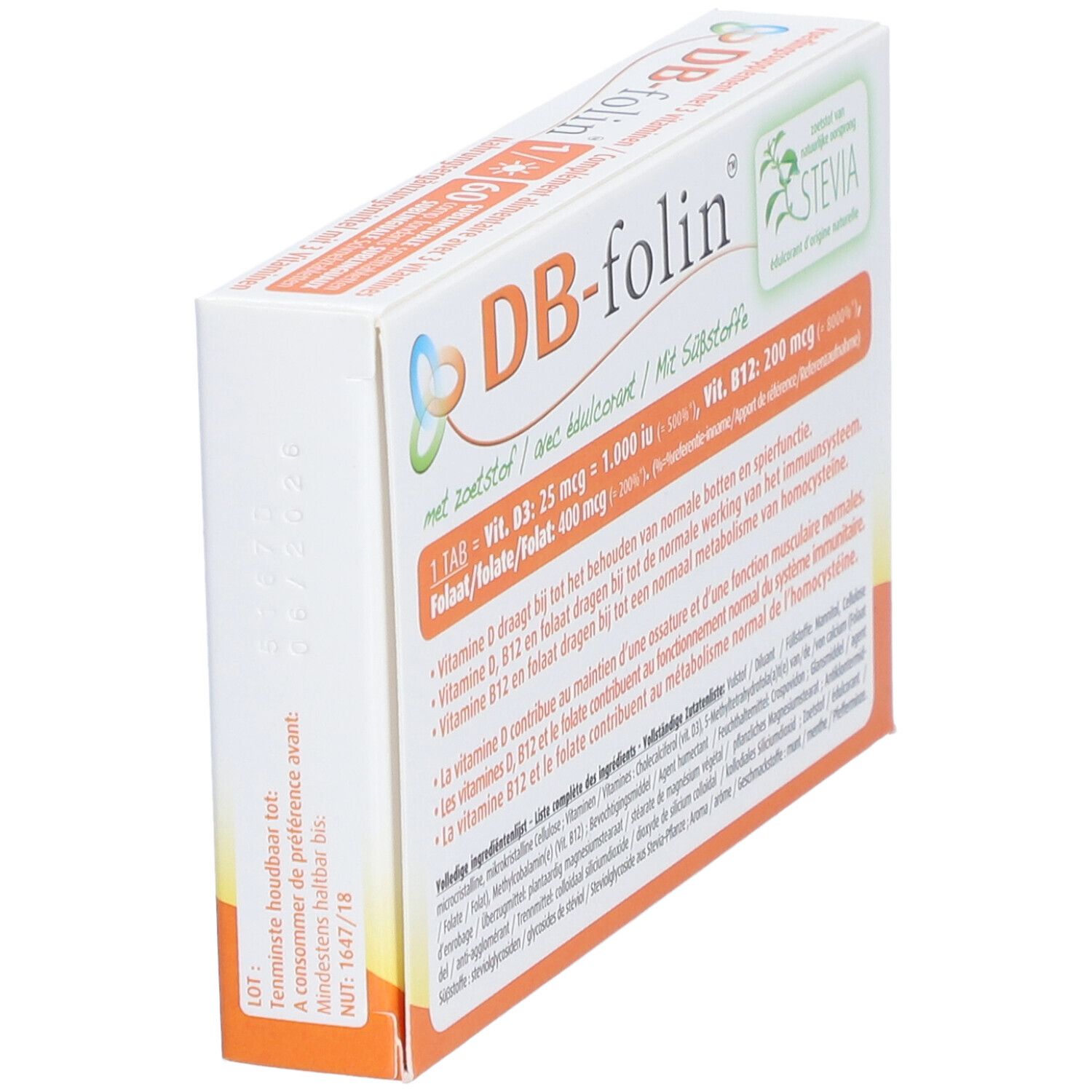 Boîte DB-folin, avec Stevia. Contient des informations sur les ingrédients et les valeurs nutritionnelles. Avec logo Stevia.