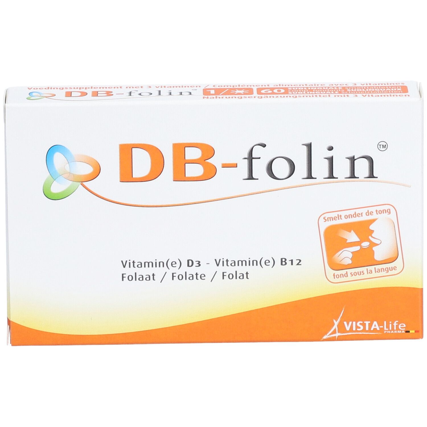 Boîte blanche et orange avec inscription DB-folin. Contient vitamine D3, B12 et folate. Logo Vista-Life. « Fond sous la langue ».