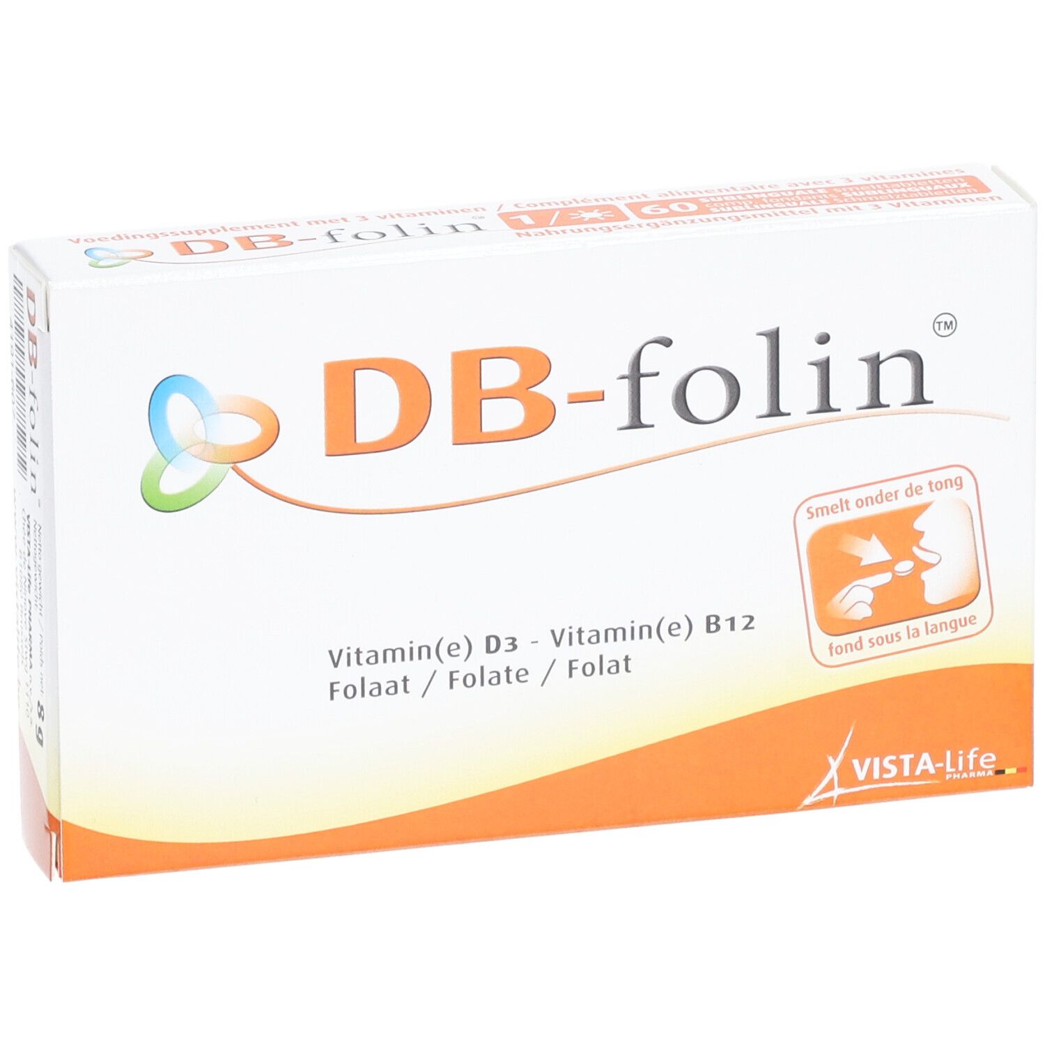 Boîte blanche et orange avec inscription DB-folin. Contient vitamine D3, B12 et folate. Logo Vista-Life. « Fond sous la langue ».