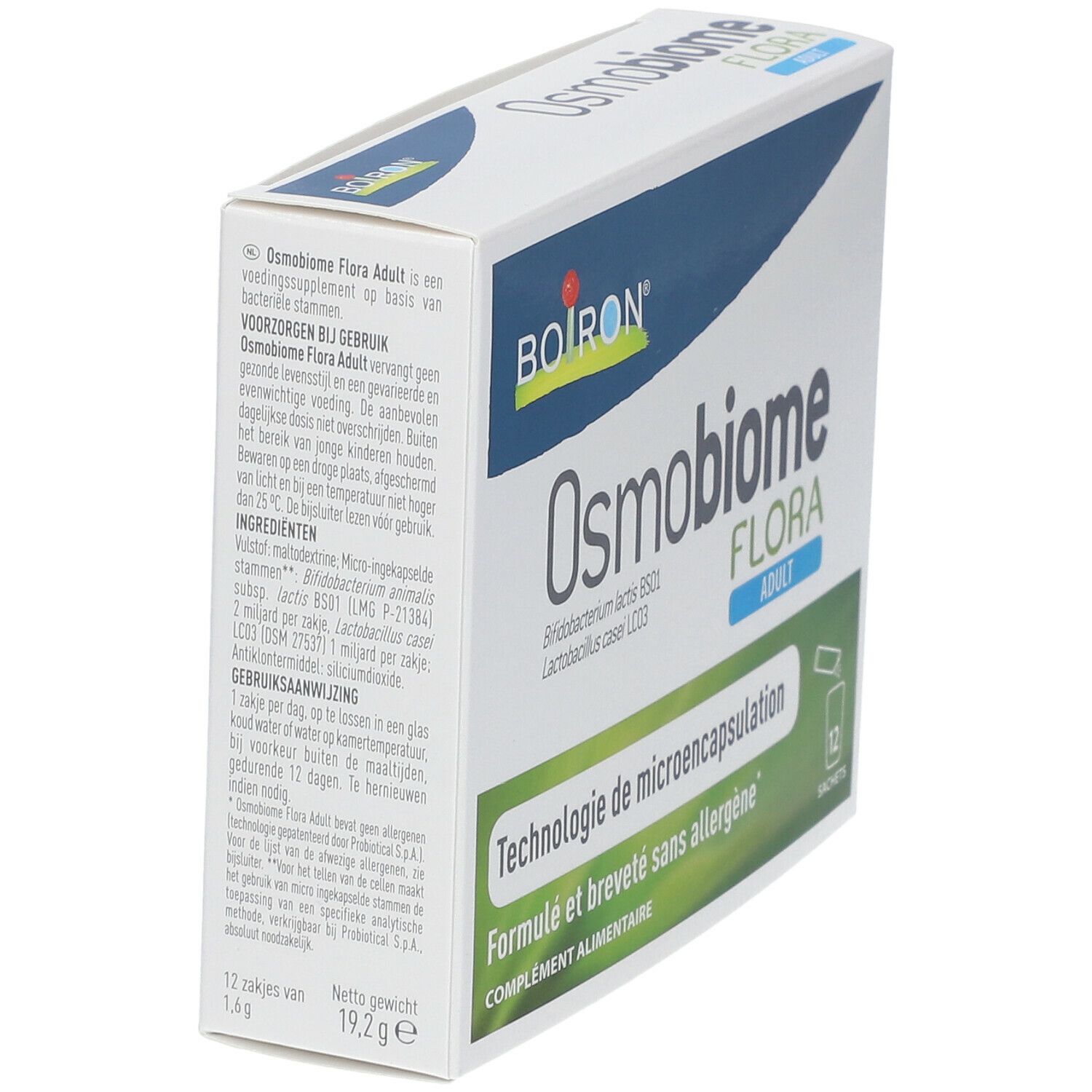 Schuine weergave van de Osmobiome Flora ADULT verpakking. Bevat 12 sachets. Opschrift: Technologie de microencapsulation, Formulé et breveté sans allergène.