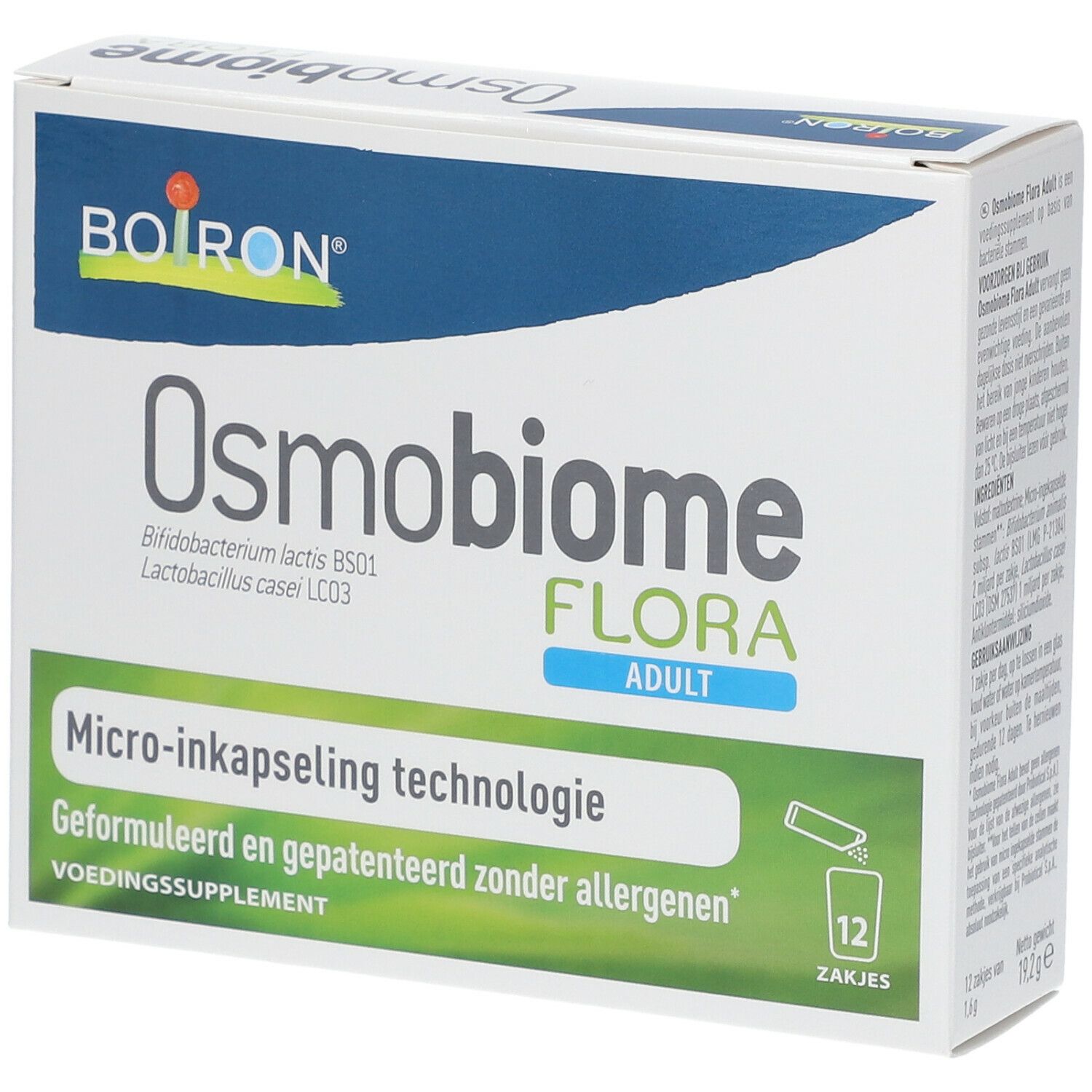 Verpakking van Osmobiome Flora ADULT. Bevat 12 sachets. Opschrift: Micro-inkapseling technologie, Geformuleerd en gepatenteerd zonder allergenen.