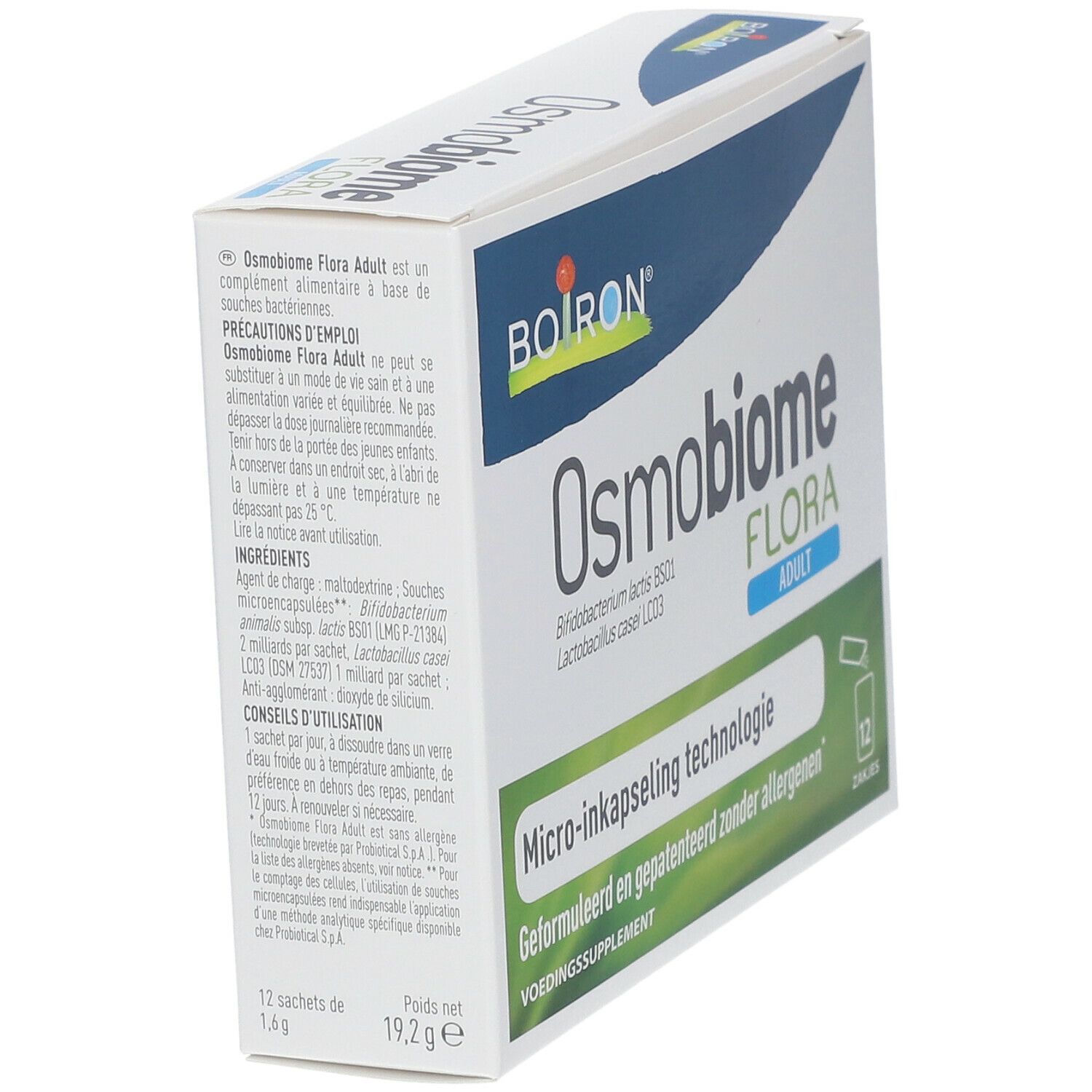 Schuine weergave van de Osmobiome Flora ADULT verpakking. Bevat 12 sachets. Opschrift: Micro-inkapseling technologie, Geformuleerd en gepatenteerd zonder allergenen.