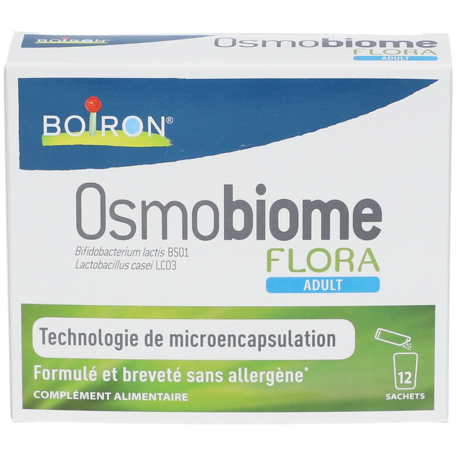 Verpakking van Osmobiome Flora ADULT. Bevat 12 sachets. Opschrift: Technologie de microencapsulation, Formulé et breveté sans allergène.