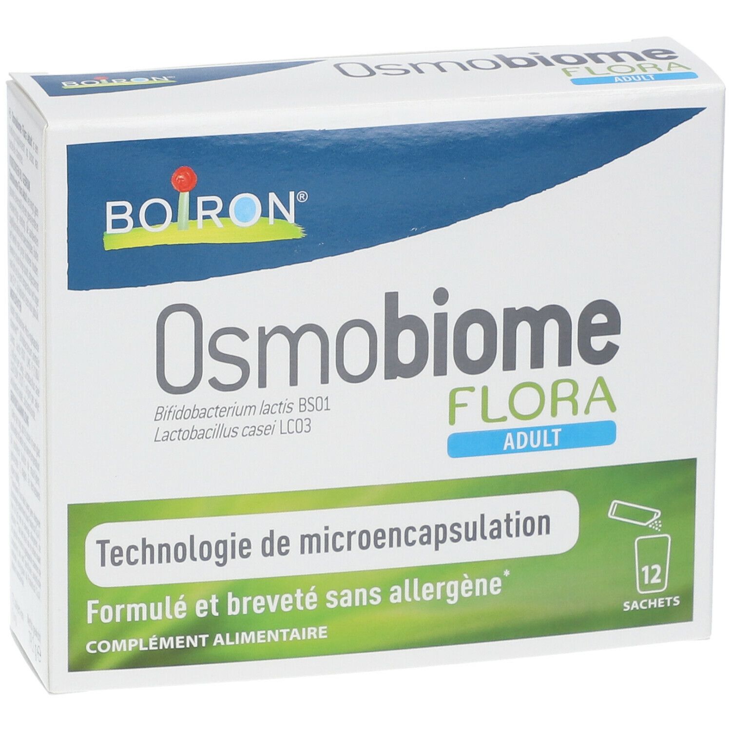 Verpakking van Osmobiome Flora ADULT. Bevat 12 sachets. Opschrift: Technologie de microencapsulation, Formulé et breveté sans allergène.