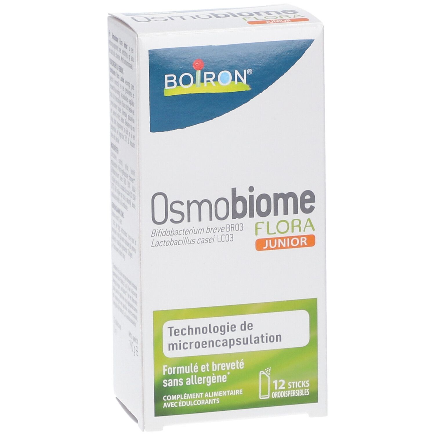 Doos BOIRON® Osmobiome® Flora Junior. 12 sticks. Micro-inkapseling technologie. Zonder allergenen.