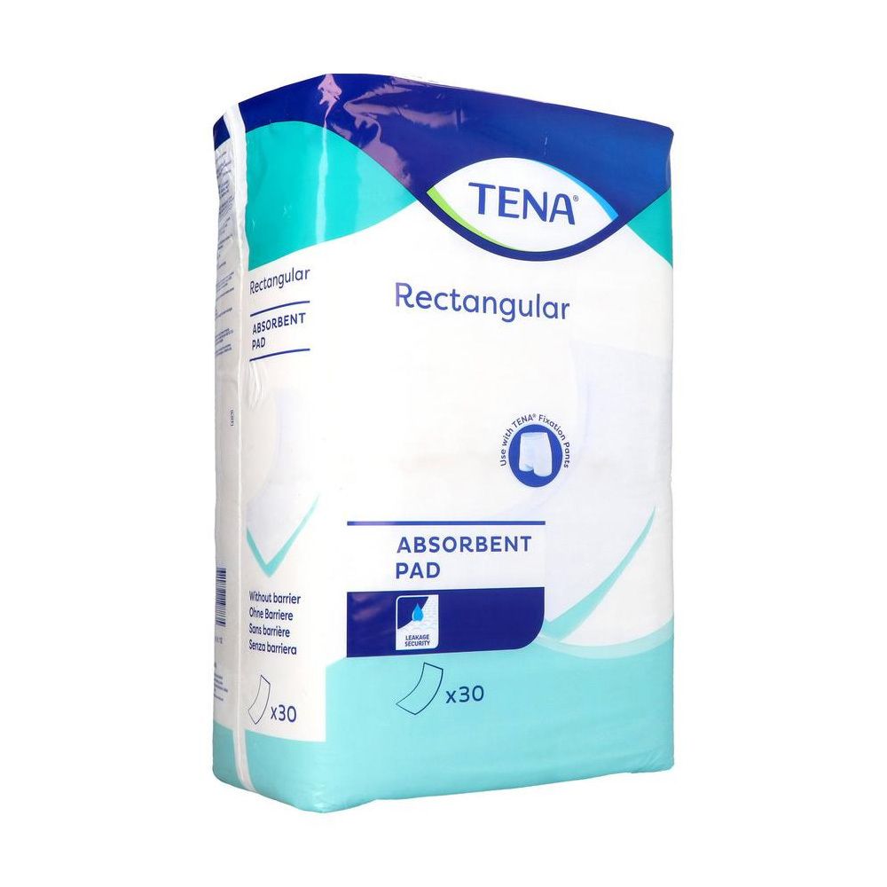 Verpackung mit TENA Rectangular Absorbierender Schutz. Blaue und weiße Verpackung mit Produktabbildung und x30 Stück.