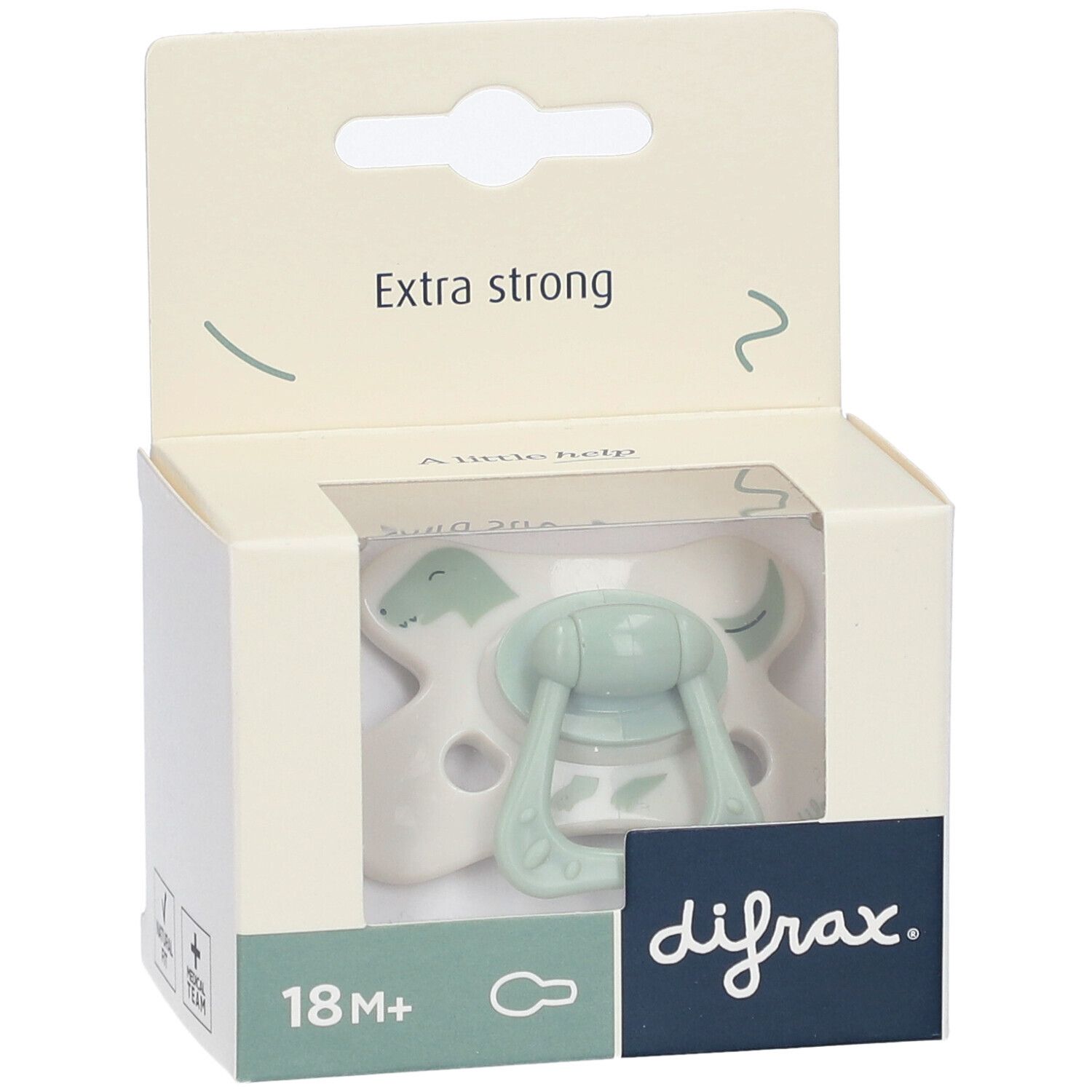 Orangefarbener Schnuller in gelber Verpackung. Aufschrift: "EXTRA STRONG", "NATURAL 20+ MONTHS". Sichtbarer Sauger und Griff.