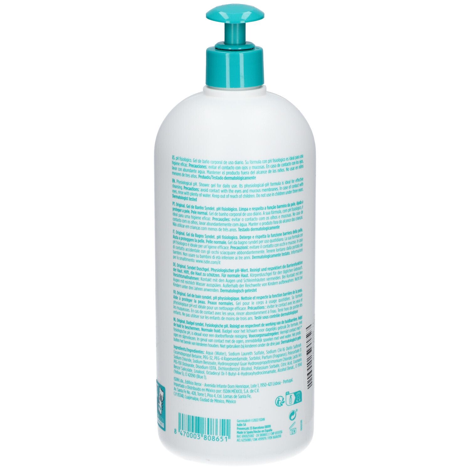 Witte fles met blauwe pomp. Achterkant met tekst. ISDIN Germisdin Original. Etiket met barcode.