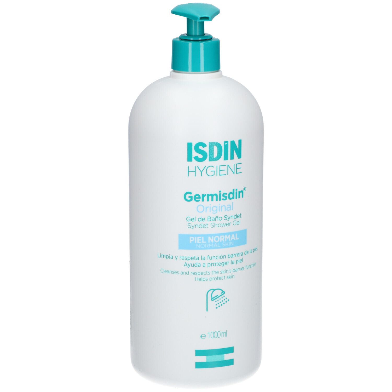 Witte fles met blauwe pomp. Opschrift: ISDIN Hygiene, Germisdin Original, Gel Douche. Voor de normale huid.