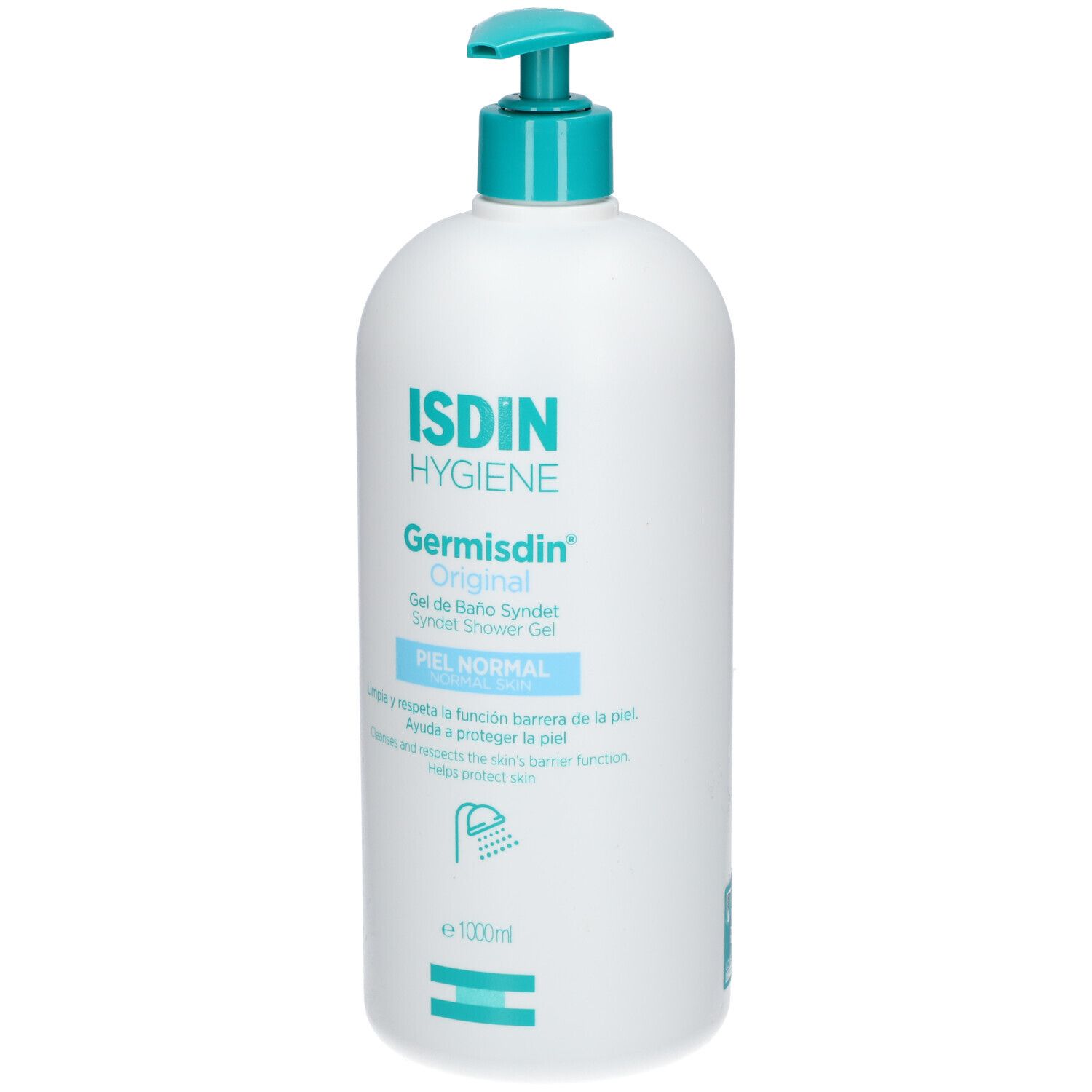 Witte fles met blauwe pomp. Opschrift: ISDIN Hygiene, Germisdin Original, Gel Douche. Voor de normale huid.