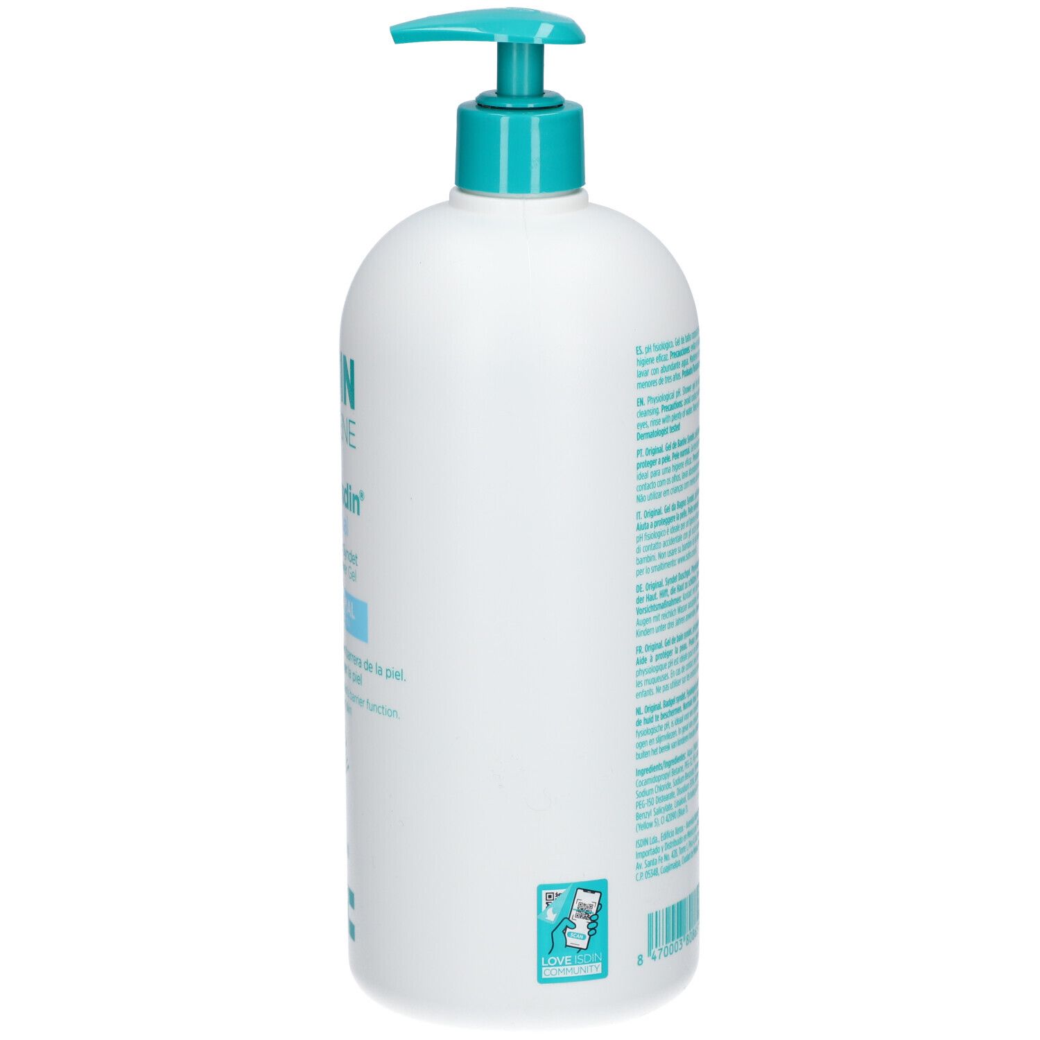 Witte fles met blauwe pomp. Achterkant met tekst. ISDIN Germisdin Original. Etiket met barcode.
