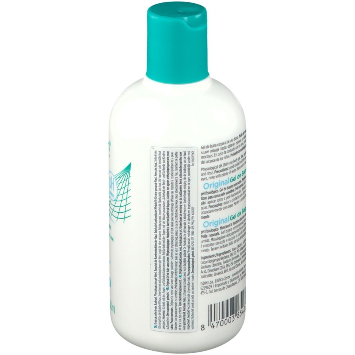 Achterkant van een witte fles met turquoise dop. Meertalige tekst. Streepjescode onderaan.