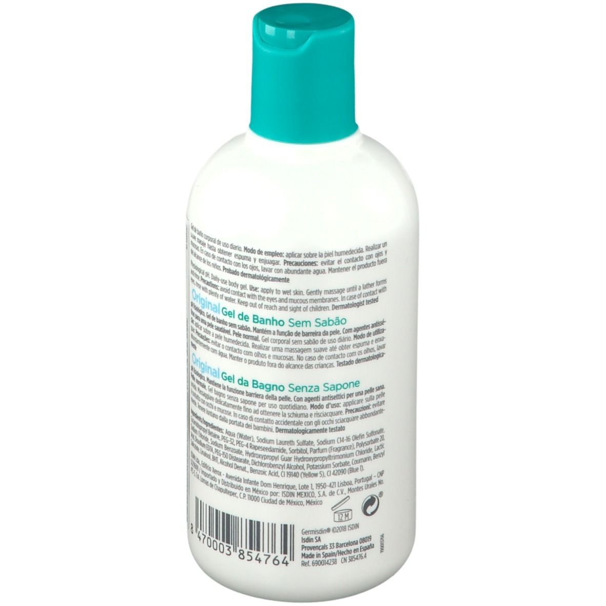 Achterkant van een witte fles met turquoise dop. Meertalige tekst. Streepjescode onderaan.