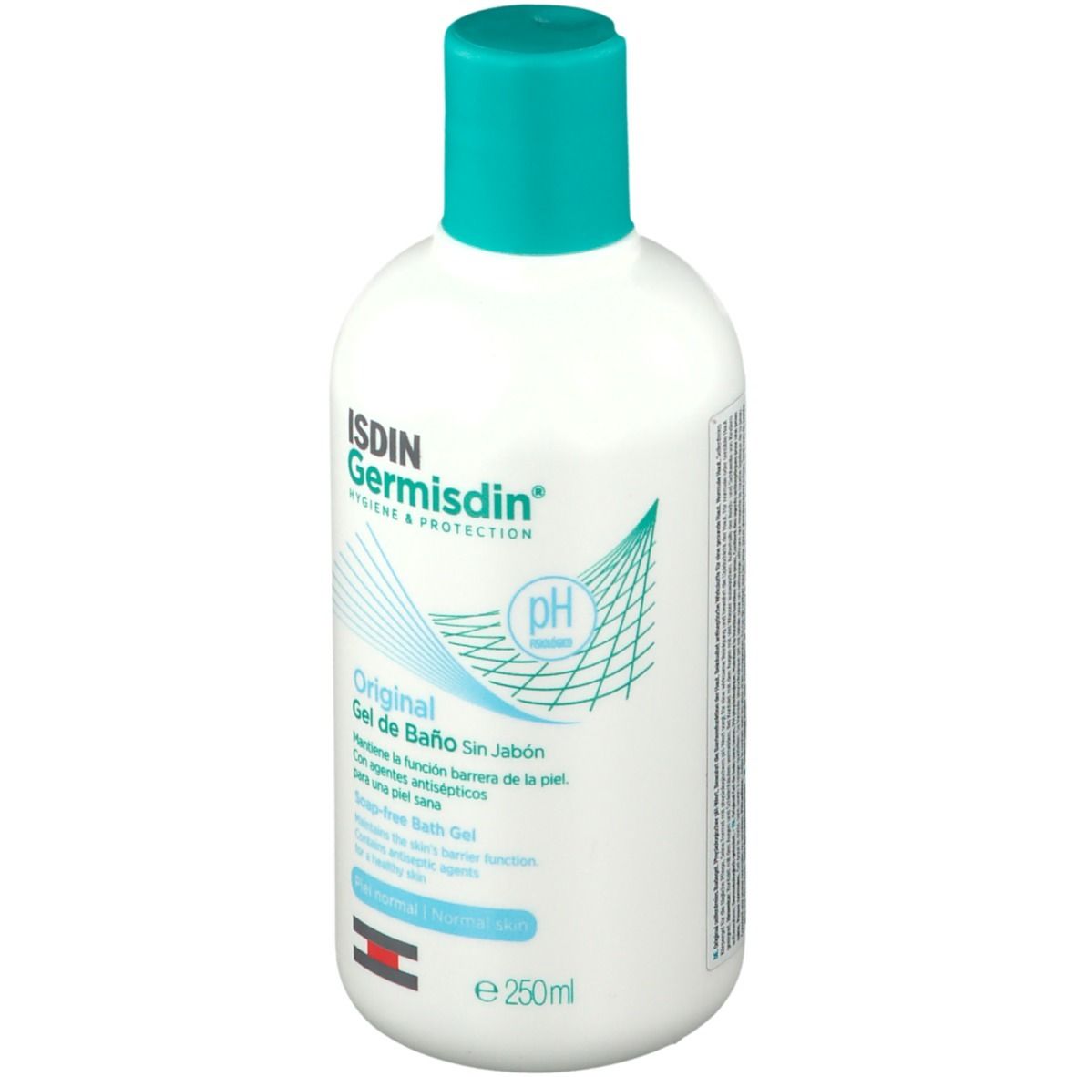 Witte fles met turquoise dop. Opschrift: ISDIN Germisdin, Original Gel de Baño. pH-waarde symbool.